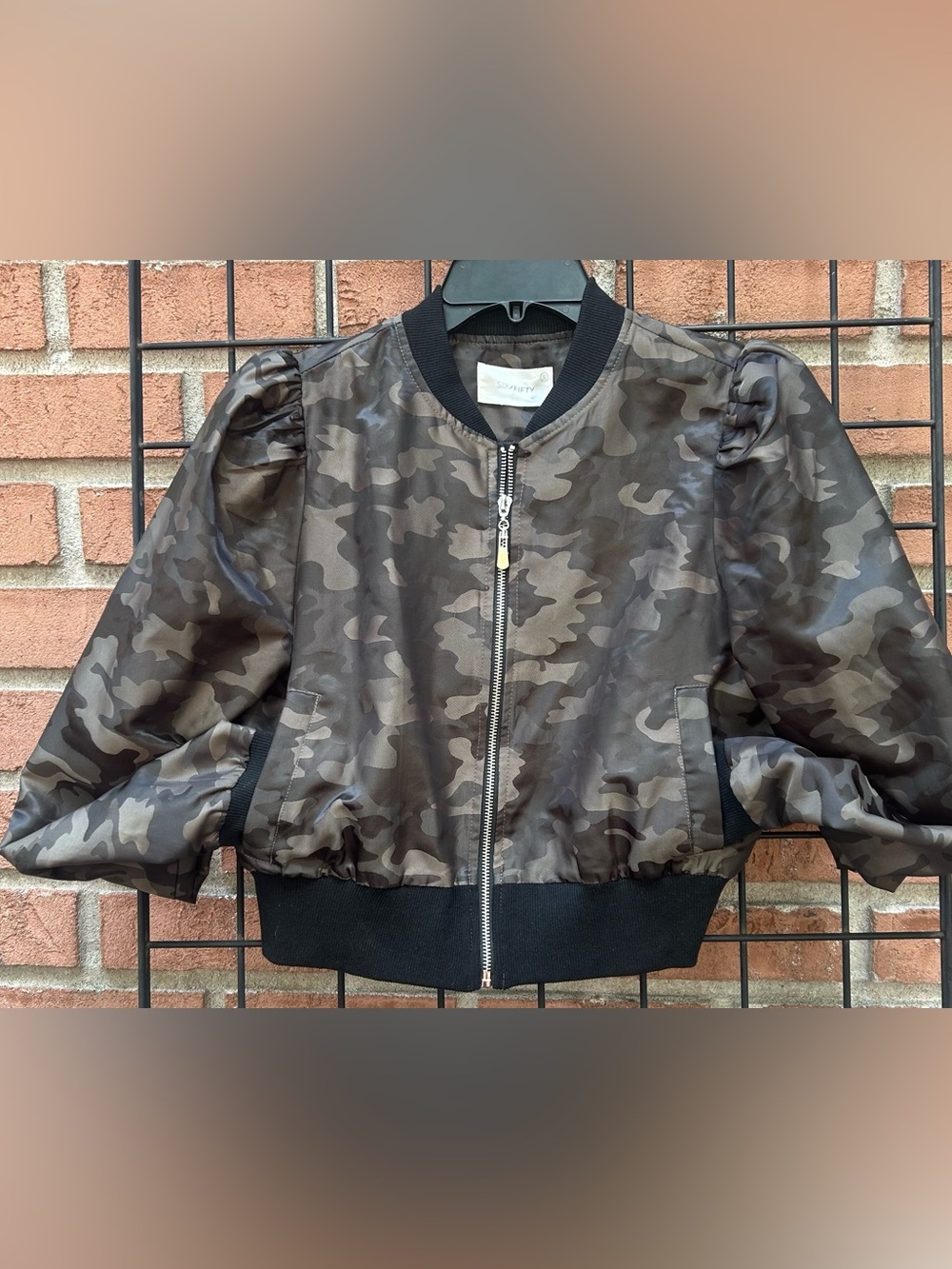 Camo Puff-Sleeve Bomber Jacket - Black